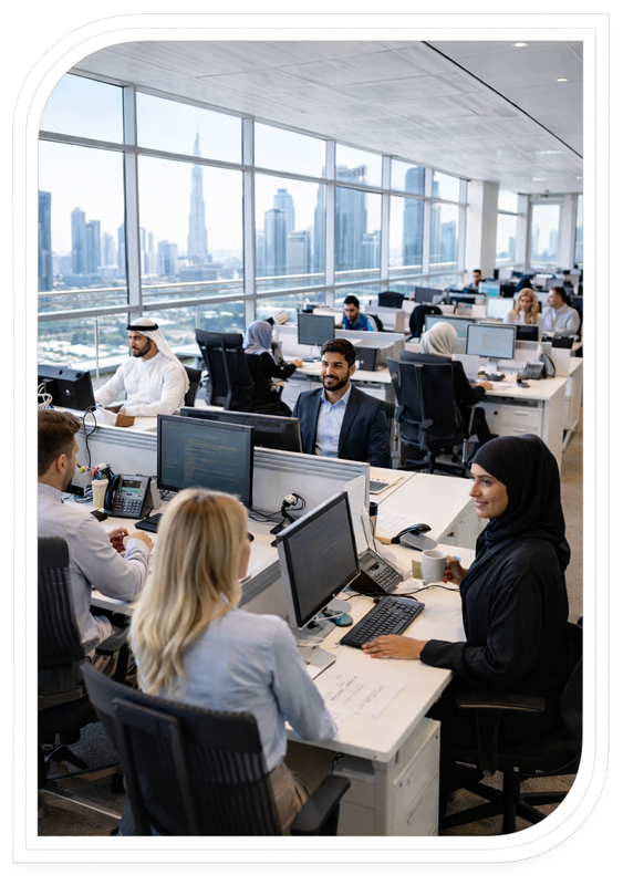 software development team working in modern Dubai office representing enterprise software engineering, web platforms, mobile applications and embedded systems development in the UAE