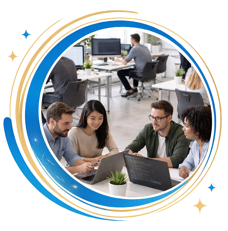 software engineering team collaboration representing technology partnership between Elinova and Acoba for enterprise software development and scalable digital solutions